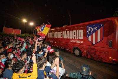 Atletico Madrid's players arrive by bus to celebrate the La Liga title, at Wanda Sport City in Majadahonda, Madrid. EPA