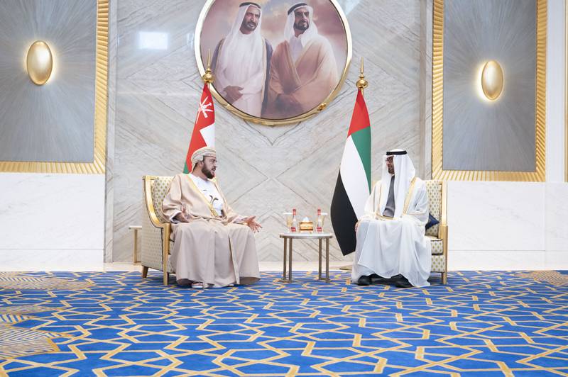 Sheikh Mohamed bin Zayed, Crown Prince of Abu Dhabi and Deputy Supreme Commander of the Armed Forces, meets Asa’ad bin Tariq, Omani Deputy Prime Minister for 
International Relations and Co-operation Affairs and Personal Representative of the Sultan of Oman, at Expo 2020 Dubai. Photo: Hamad Al Kaabi / Ministry of Presidential Affairs​