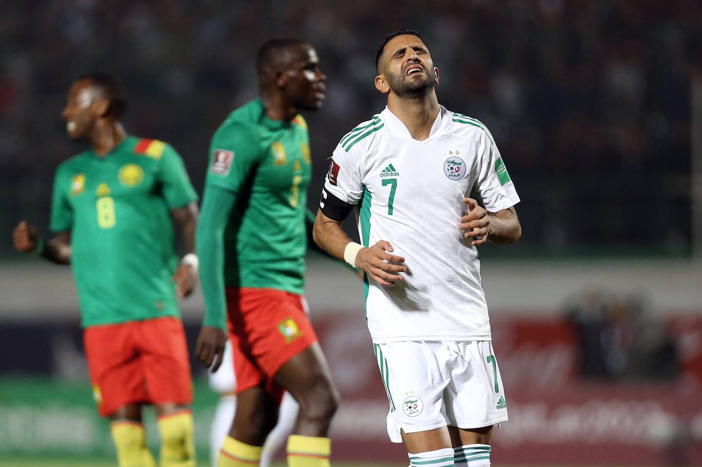 Riyad Mahrez shows his frustration during Algeria's World Cup qualifying defeat against Cameroon on Tuesday. AP