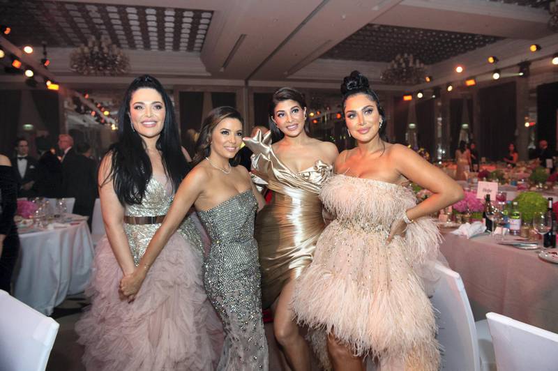 Mona Kattan, Eva Longoria, Jacqueline Fernandez and Huda Kattan at the Global Gift Gala, at the Waldorf Astoria Dubai Palm Jumeirah, Dubai on Tuesday, December 17. Courtesy Faux Consultancy