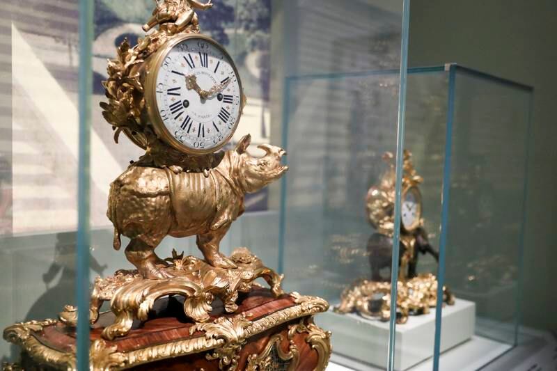 Rhinoceros musical clock, gilt bronze and wood veneer, with an enamelled dial, on display at the coming exhibition, Versailles and the World at Louvre Abu Dhabi.