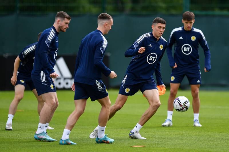 Scotland's Ross Stewart, second right, in action during training. Getty