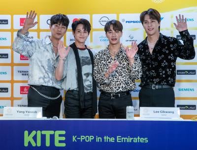 From left, Yoon Doo-joon, Yang Yo-seob, Lee Gi-kwang and Son Dong-woon, of the K-pop group Highlight, at Expo 2020 Dubai. Victor Besa / The National