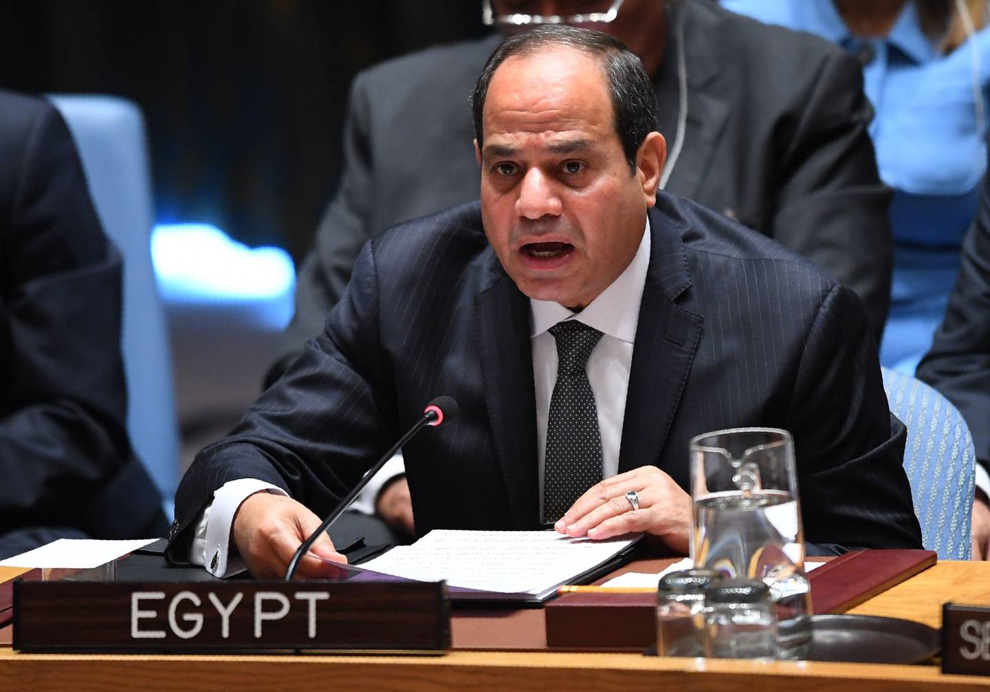 Egyptian President Abdel Fattah el-Sisi speaks at a meeting of the UN Security Council on peacekeeping operations, during the 72nd session of the General Assembly in New York on September 20, 2017. / AFP PHOTO / TIMOTHY A. CLARY