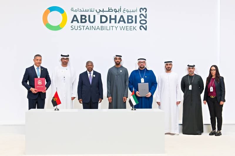 Officials at the signing. Masdar on Friday said it has signed agreements with three African countries to develop renewable energy projects as part of the Etihad 7 initiative. Photo: Masdar