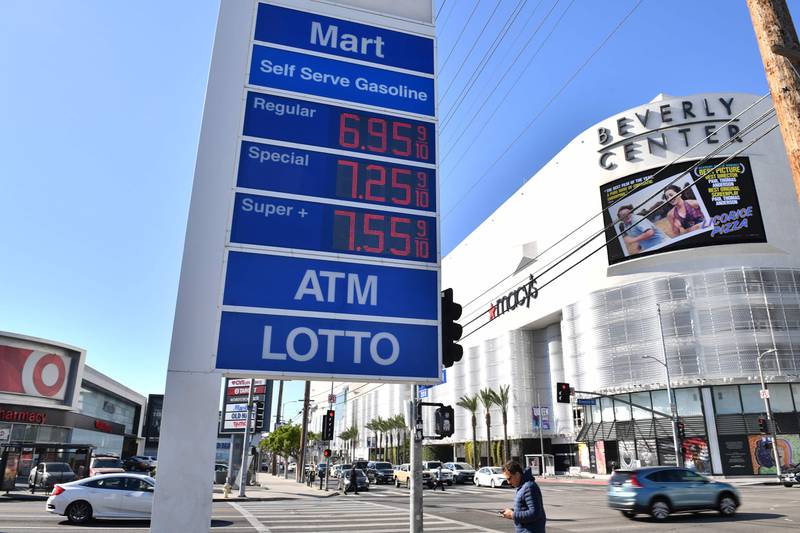 Petrol prices in Los Angeles in March 2022. The cost increased sharply after Russia invaded Ukraine last year and have remained high into this year. AFP