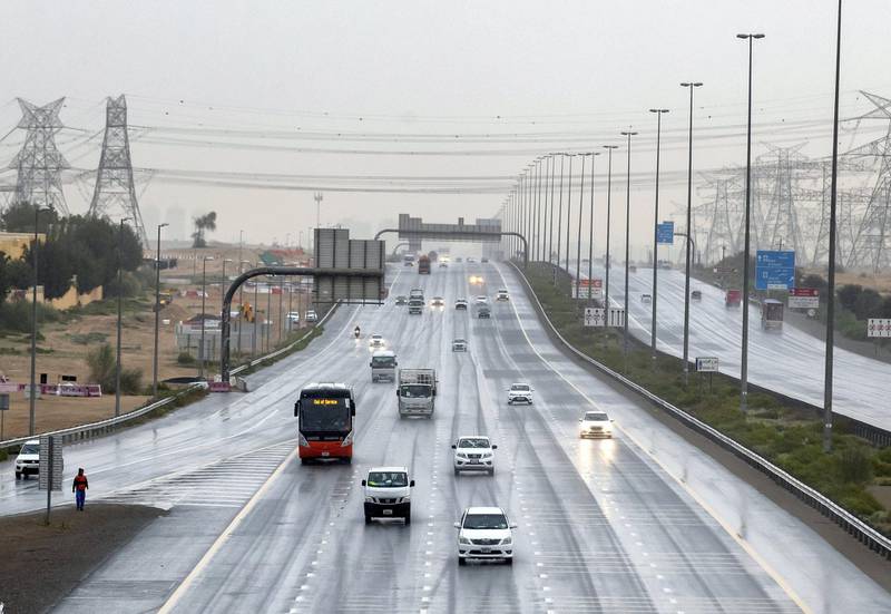 Dubai, United Arab Emirates - Reporter: N/A: Weather. Traffic goes down the 611 as the rain comes down in Dubai. Saturday, March 21st, 2020. Town Square, Dubai. Chris Whiteoak / The National