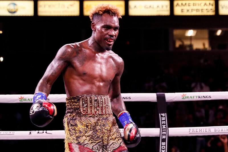Jermell Charlo celebrates his knockout victory over Brian Castano. EPA