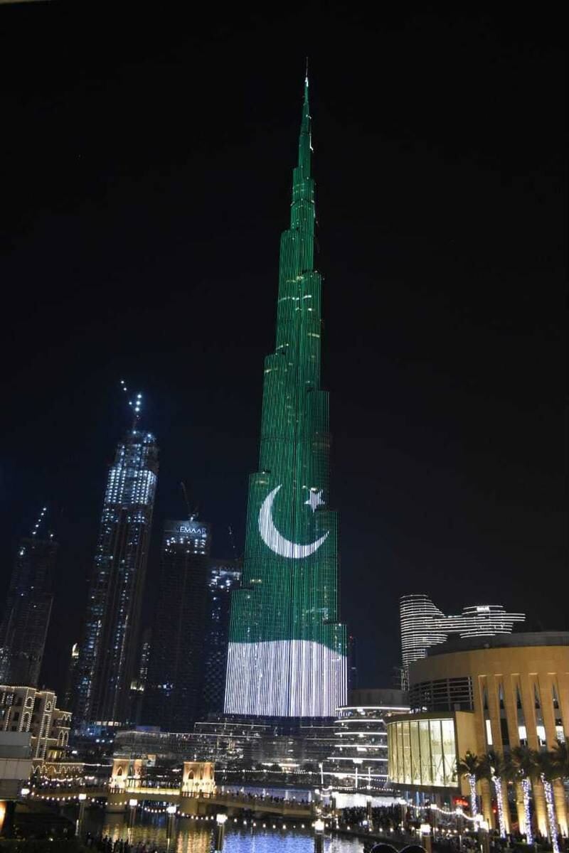 In Dubai, the world's tallest building, the Burj Khalifa, was also wrapped in the Pakistani flag on Saturday evening. Courtesy: Pakistan Consulate General