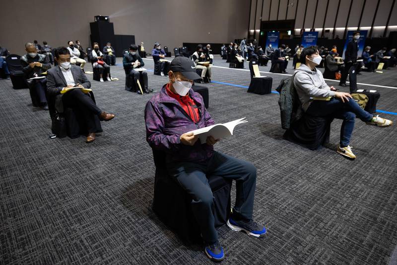 Socially distanced seating at the Samsung Electronics Co. annual general meeting at the Suwon Convention Centre in Suwon, South Korea. Bloomberg
