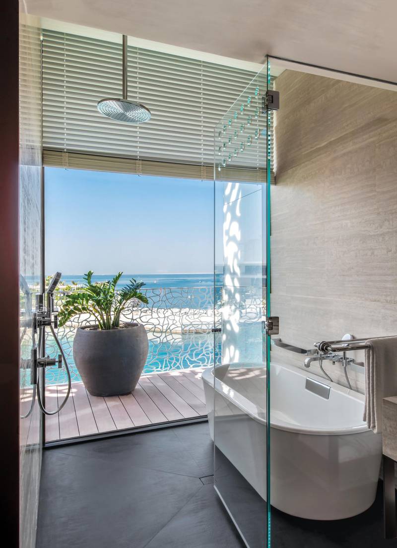 The view from the deluxe sea view room bathroom. Bulgari Resort Dubai 
