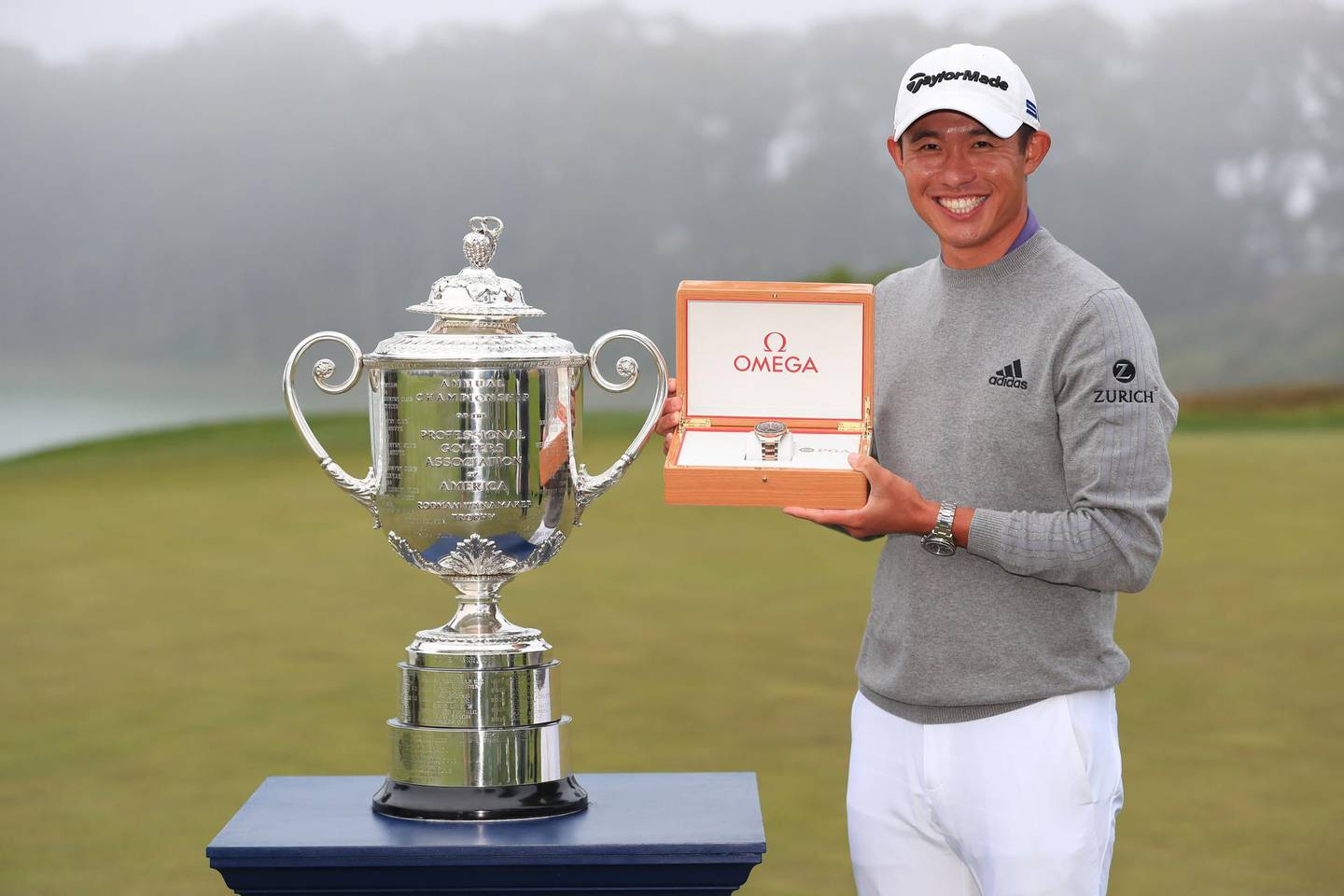 SAN FRANCISCO, CALIFORNIA - AUGUST 09: Collin Morikawa of the United States celebrates with the Wanamaker Trophy and the champion's watch after winning the 2020 PGA Championship at TPC Harding Park on August 09, 2020 in San Francisco, California.   Tom Pennington/Getty Images/AFP
== FOR NEWSPAPERS, INTERNET, TELCOS & TELEVISION USE ONLY ==
