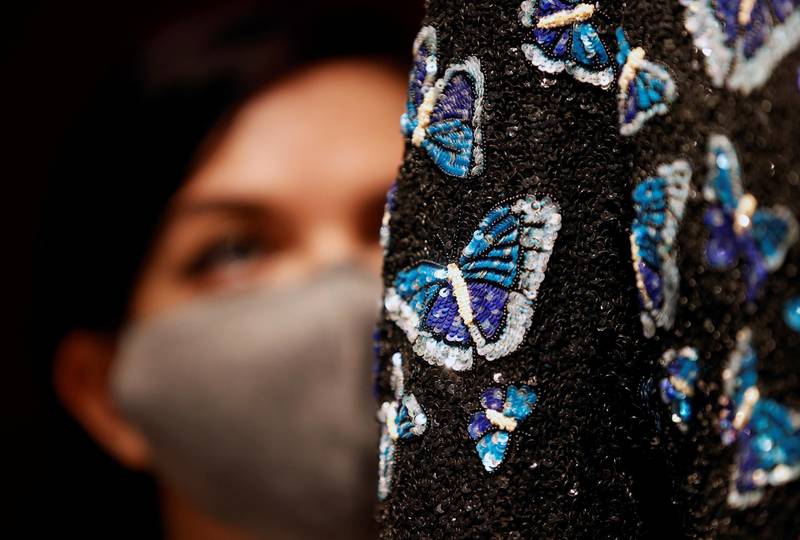Detail on the Butterfly jacket designed for Mick Jagger by designer L’Wren Scott at Christie’s in London, Britain, June 10, 2021. Reuters/John Sibley
