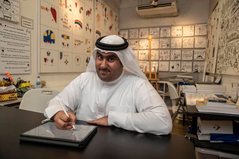 Emirati artist Abdulla Lutfi shows his new collection a year after he opened his own studio space. Abdulla is autistic and has launched an NFT art collection. All photos: Antonie Robertson / The National
