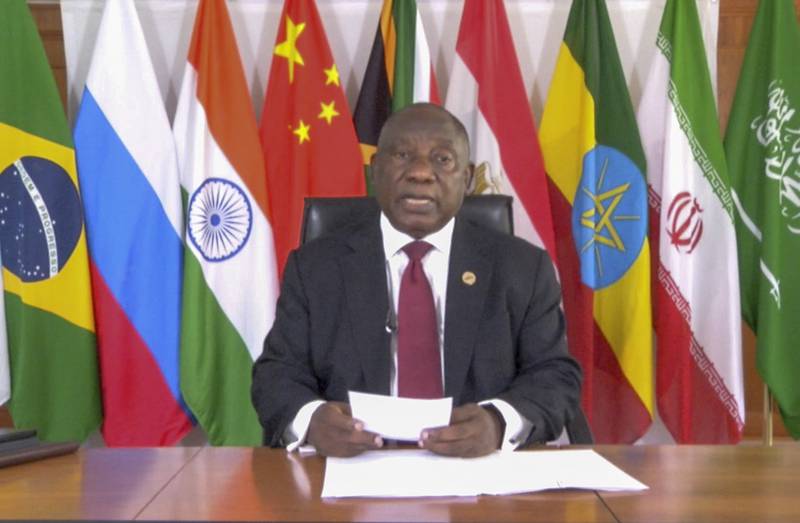 South African President Cyril Ramaphosa addresses Brics leaders at the virtual summit. South Africa Presidency via AP