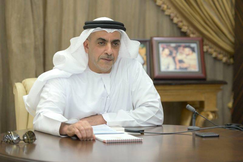 Sheikh Saif bin Zayed, Deputy Prime Minister and Minister of Interior, attends a remote cabinet meeting on Sunday. Courtesy: Dubai Media Office
