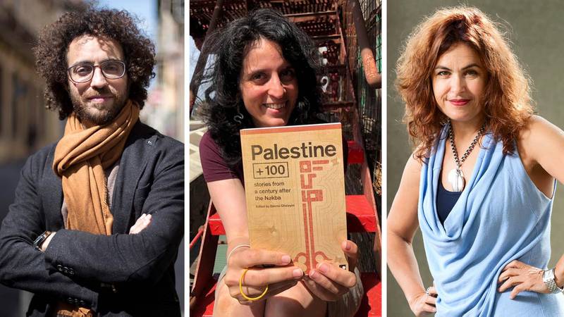 From left: Booker Prize nominee Mazen Mahrouf, whose work is featured in the anthology, ‘Palestine+100’ editor Basma Ghalayini and Selma Dabbagh, who has contributed a short story. 