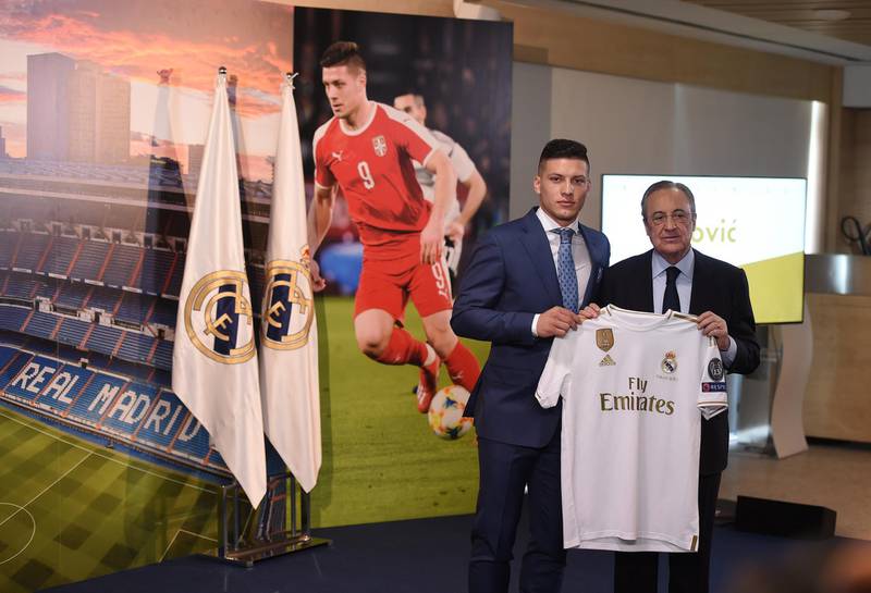 Luka Jovic is unveiled as a new signing with Real Madrid President Florentino Perez. Getty Images
