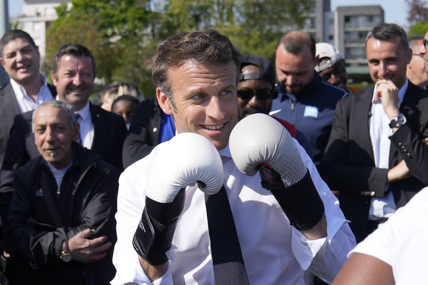 Emmanuel Macron's French presidential campaign appears to pack a punch as he campaigns near Paris. AP Photo