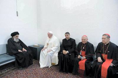 Pope Francis meeting with Iraq's top Shi'ite cleric, Grand Ayatollah Ali al-Sistani, in Najaf. Courtesy of the Vatican