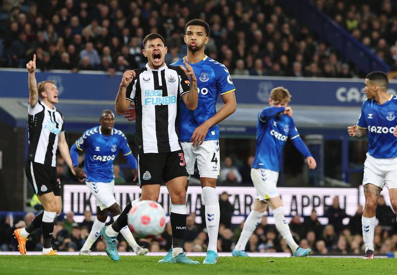 Frustrated Newcastle midfielder Bruno Guimaraes watches the ball go out. Reuters