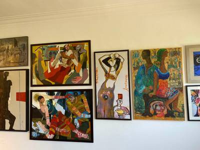 Artwork on display, including George Bahgoury’s ‘Al-Rakassa’ (The Dancer) selling for $10,000. Nada El Sawy / The National