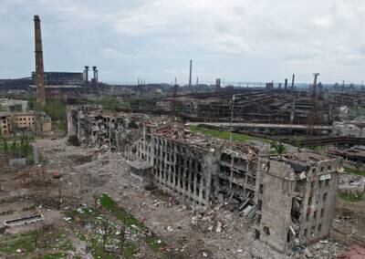 A view shows the destroyed Azovstal Iron and Steel Works in Mariupol on May 22. Reuters
