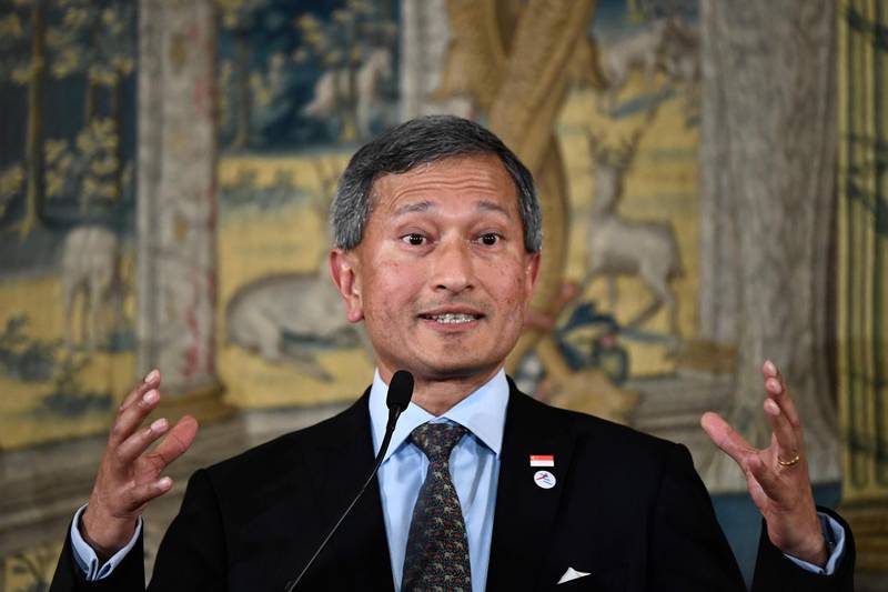 Singapore's Foreign Minister Vivian Balakrishnan gives a press conference after the 14th ASEM Foreign Ministers’ Meeting at the Royal Palace of El Pardo near Madrid on December 16, 2019.
  / AFP / OSCAR DEL POZO
