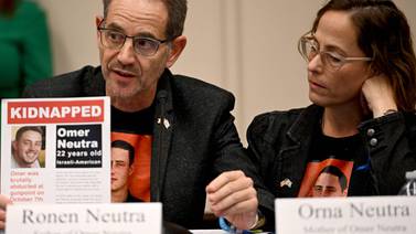 Ronen and Orna Neutra, parents of hostage soldier Omer Neutra, at the US House foreign affairs committee meeting. AFP