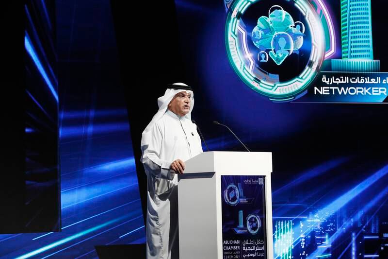 The Abu Dhabi Chamber of Commerce and Industry chairman Abdulla Al Mazrui at the strategy launch event in Abu Dhabi on Thursday. Photo: ADCCI