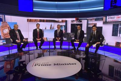 Boris Johnson, Jeremy Hunt, Michael Gove, Sajid Javid and Rory Stewart appear on BBC TV's debate with candidates vying to replace British PM Theresa May, in London, Britain June 18, 2019. Jeff Overs/BBC/Handout via REUTERS ATTENTION EDITORS - THIS IMAGE HAS BEEN SUPPLIED BY A THIRD PARTY. NO RESALES. NO ARCHIVES. NOT FOR USE MORE THAN 21 DAYS AFTER ISSUE.