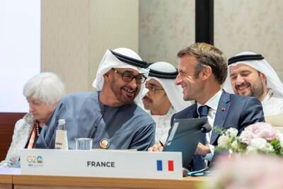 UAE President Sheikh Mohamed and French President Emmanuel Macron attend the India-Middle East-Europe Economic Corridor on the sidelines of the G20 Summit in New Delhi. Photo: UAE Presidential Court