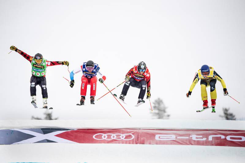 Left to right: Germany's Daniel Bohnacker, Ryan Regez of Switzerland, Kevin Drury and Brady Leman - both of Canada - compete in the men's World Cup skicross freestyle event in Idre, Sweden, on Sunday, January 26. Reuters
