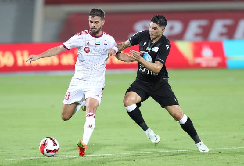Sharjah’s new signing Miralem Pjanic, left, scored on his debut in a 3-0 win over Baniyas in the Adnoc Pro League at the Sharjah Stadium on Friday, September 9, 2022. Photo: PLC