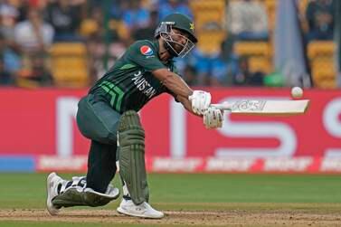 Pakistan's Fakhar Zaman hits a boundary during the ICC Men's Cricket World Cup match between New Zealand and Pakistan in Bengaluru, India, Saturday, Nov.  4, 2023.  (AP Photo / Aijaz Rahi)