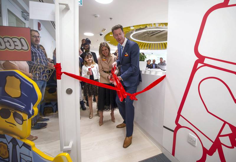 DUBAI, UNITED ARAB EMIRATES - Jeroen Beijer, GM Middle East and Africa, LEGO Group with Julia Goldin at the opening of the new Lego office in Dubai Design District.  Leslie Pableo for The National