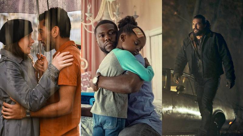 From left: Felicity Jones and Nabhaan Rizwan in 'The Last Letter from Your Lover'; Kevin Hart and Melody Hurd in 'Fatherhood'; and Jason Momoa in 'Sweet Girl'. Netflix
