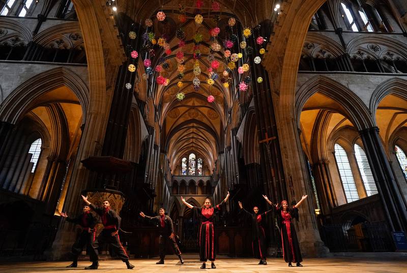 Alrowwad Dabka Dance group perform in Salisbury Cathedral. It is regarded as one of the leading examples of Early English Gothic architecture