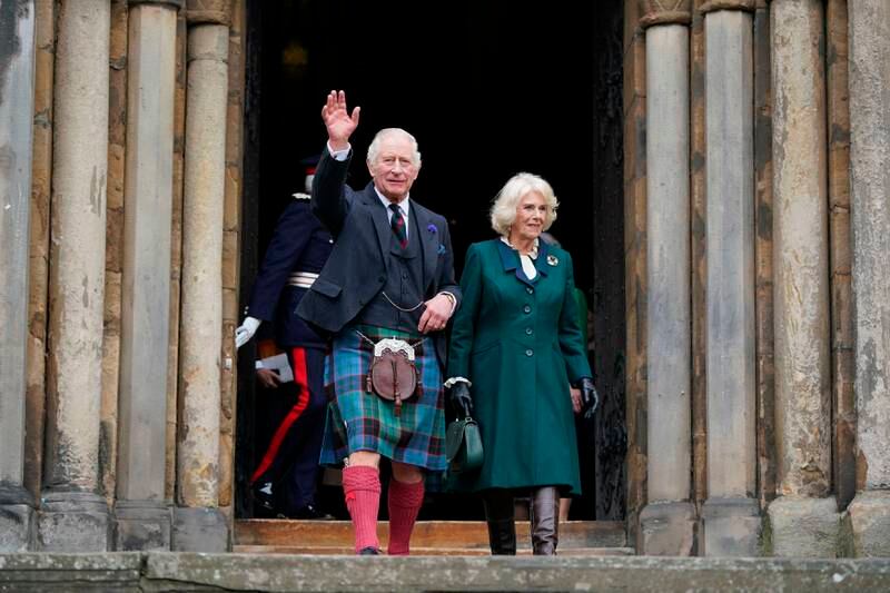 King Charles and the Queen Consort leave Dunfermline Abbey, after a visit to mark its 950th anniversary. AP