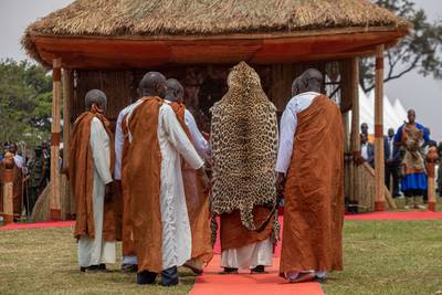 Elders perform coronation rituals on King Ronald Muwenda Mutebi II, marking his 30 years on Uganda’s throne, in Kampala. AFP