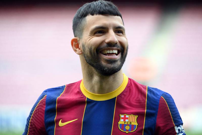 Former Manchester City striker Sergio Aguero at Camp Nou during his official unveiling as a Barcelona player on Monday, May 31, 2021. AFP