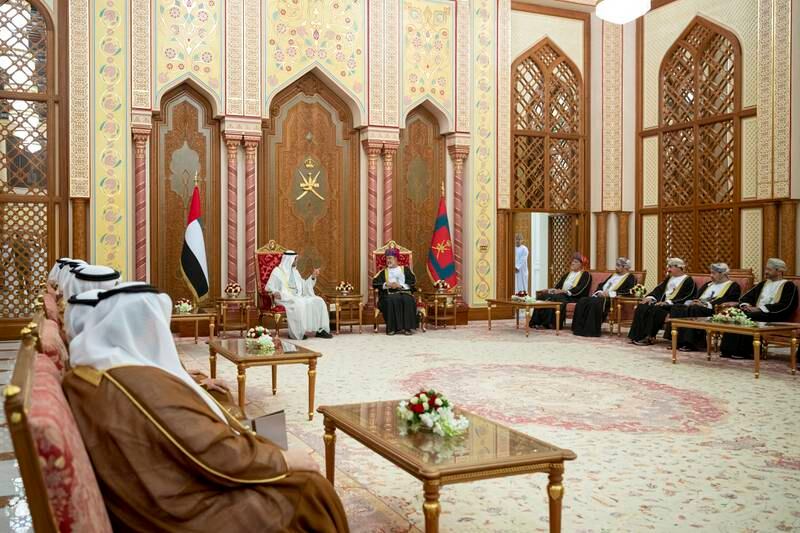 President Sheikh Mohamed meets Sultan Haitham in Muscat. Photo: UAE Presidential Court 