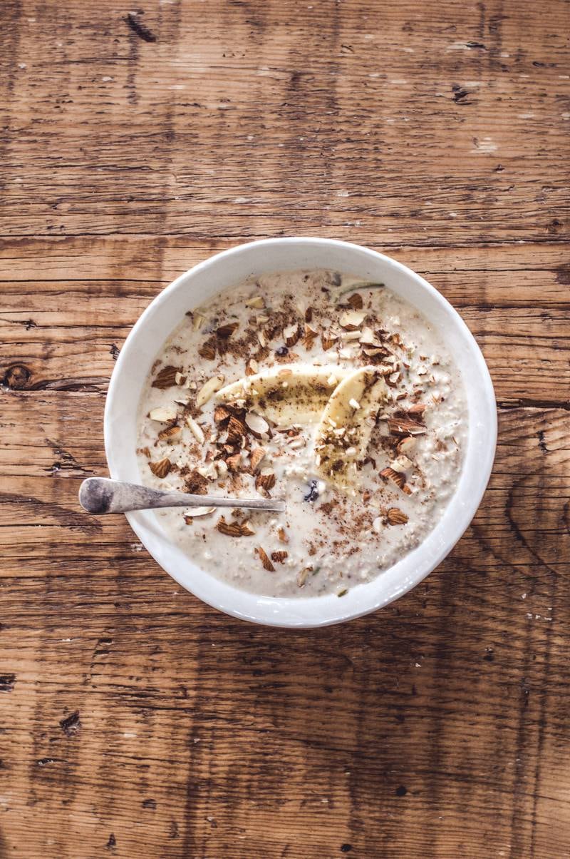 Almond oats with honey-whipped yogurt and banana. Courtesy Scott Price
