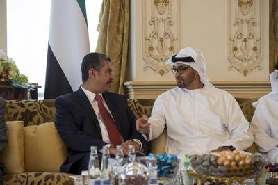 Sheikh Mohammed bin Zayed, Crown Prince of Abu Dhabi and Deputy Supreme Commander of the Armed Forces, receives Khaled Bahah, prime minister of Yemen, at Sea Palace in the capital. Rashed Al Mansoori / Crown Prince Court – Abu Dhabi