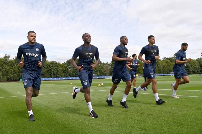 Kenedy, Callum Hudson-Odoi, Dujon Sterling, Levi Colwill and Ruben Loftus-Cheek during a training session at Chelsea training ground.