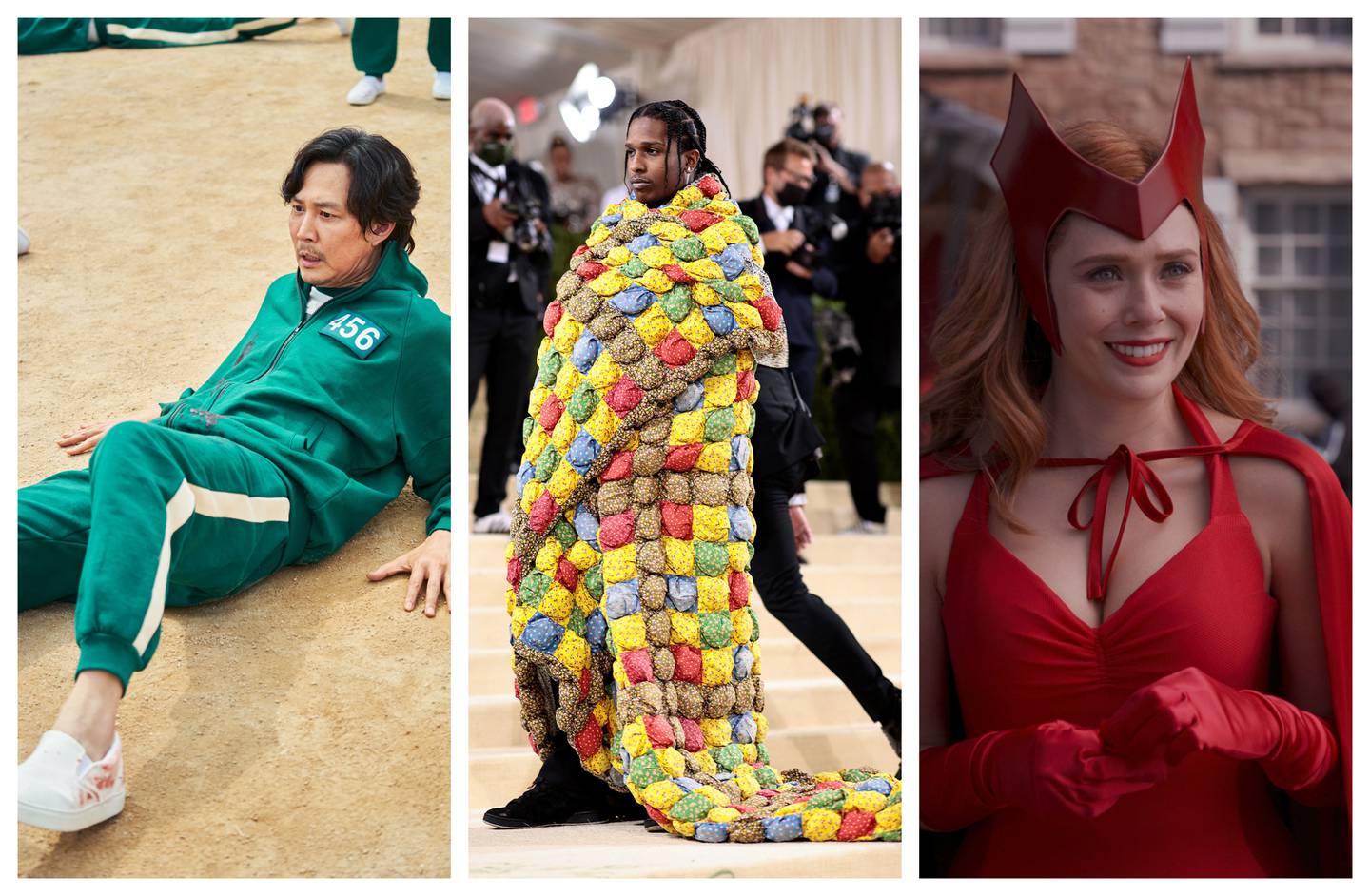 Characters from 'Squid Game', A$AP Rocky wrapped in a quilt at the Met Gala and 'WandaVision's' Wanda Maximoff are all costumes likely to be spotted on Halloween. Photo: Netflix, Marvel Studios, Getty Images