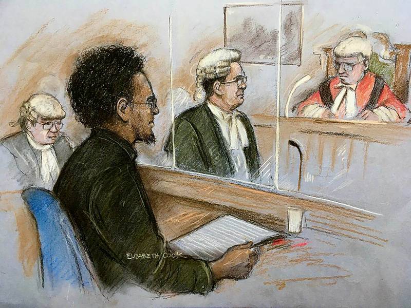 A court artist's sketch of Ali Harbi Ali in the dock at the Old Bailey in London, convicted of murdering Sir David Amess, the UK Conservative MP for Southend West during a constituency surgery in Leigh-on-Sea in Essex. PA