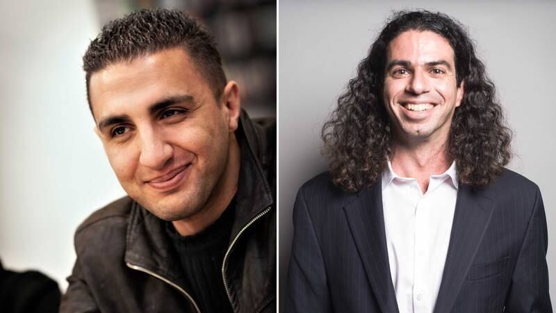 Palestinian poet Najwan Darwish, left, and Egyptian-American translator Kareem James Abu-Zeid have won the Sarah Maguire Prize for Poetry in Translation for the collection 'Exhausted on the Cross'. Photos: Veronique Vercheval and Kareem James Abu-Zeid
