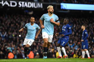 MANCHESTER, ENGLAND - FEBRUARY 10:  Sergio Aguero of Manchester City celebrates after scoring his team's fifth goal during the Premier League match between Manchester City and Chelsea FC at Etihad Stadium on February 10, 2019 in Manchester, United Kingdom.  (Photo by Michael Regan/Getty Images)