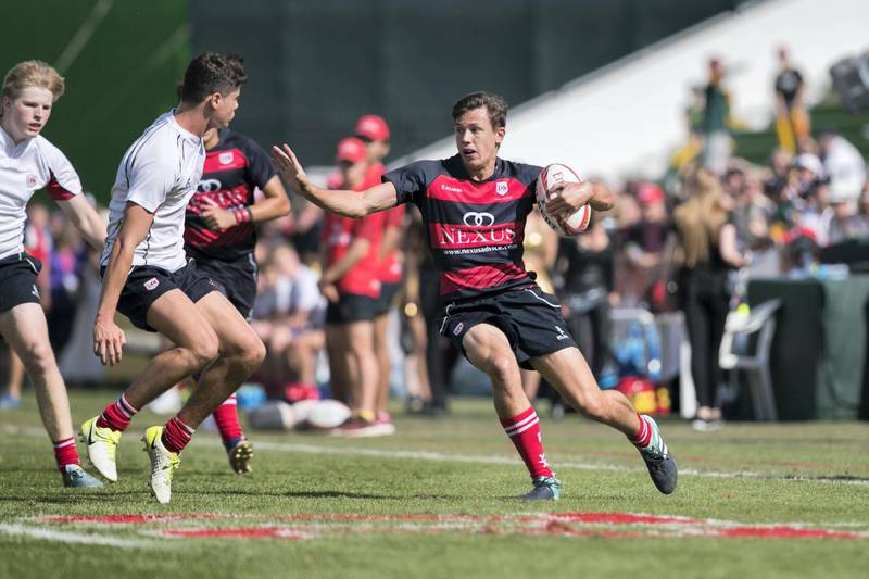 DUBAI, UNITED ARAB EMIRATES - DECEMBER 1, 2018. DUBAI COLLEGE A, wins against DUBAI COLLEGE B, in GULF UNDER 19 category on the final day of this year's Dubai Rugby Sevens.(Photo by Reem Mohammed/The National)Reporter: Section:  NA  SP
